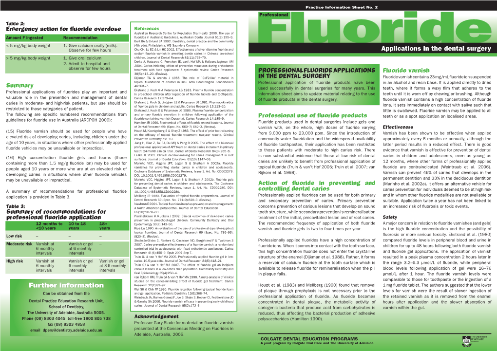 Fluoride Overdose References Australian Research Centre for Population Oral Health 2006