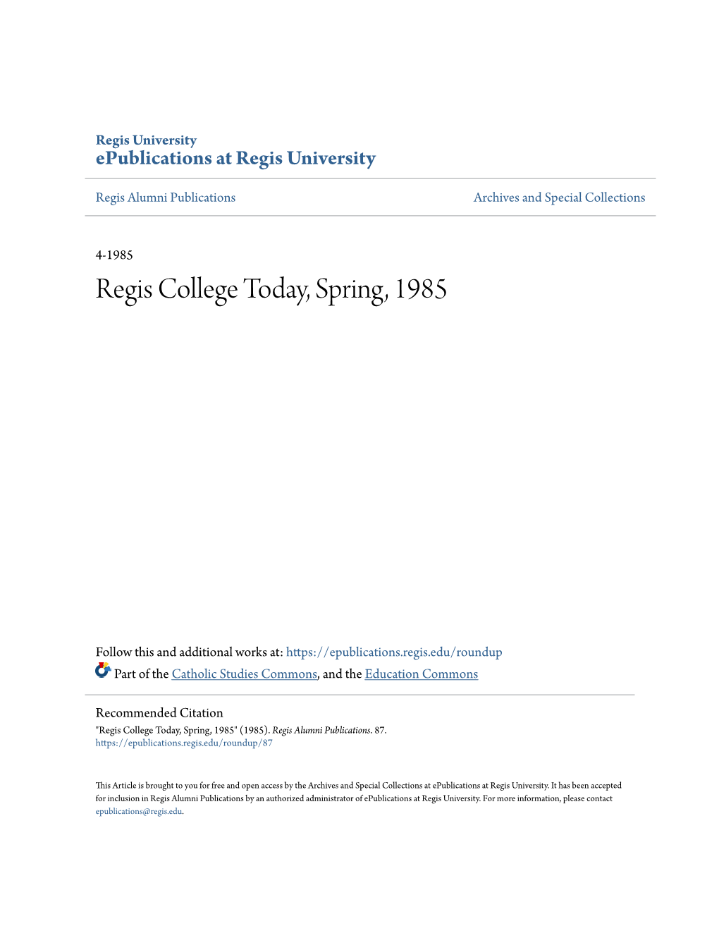 Regis College Today, Spring, 1985