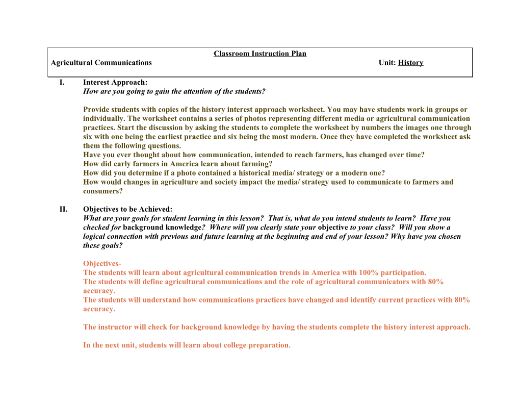 Classroom Instruction Plan