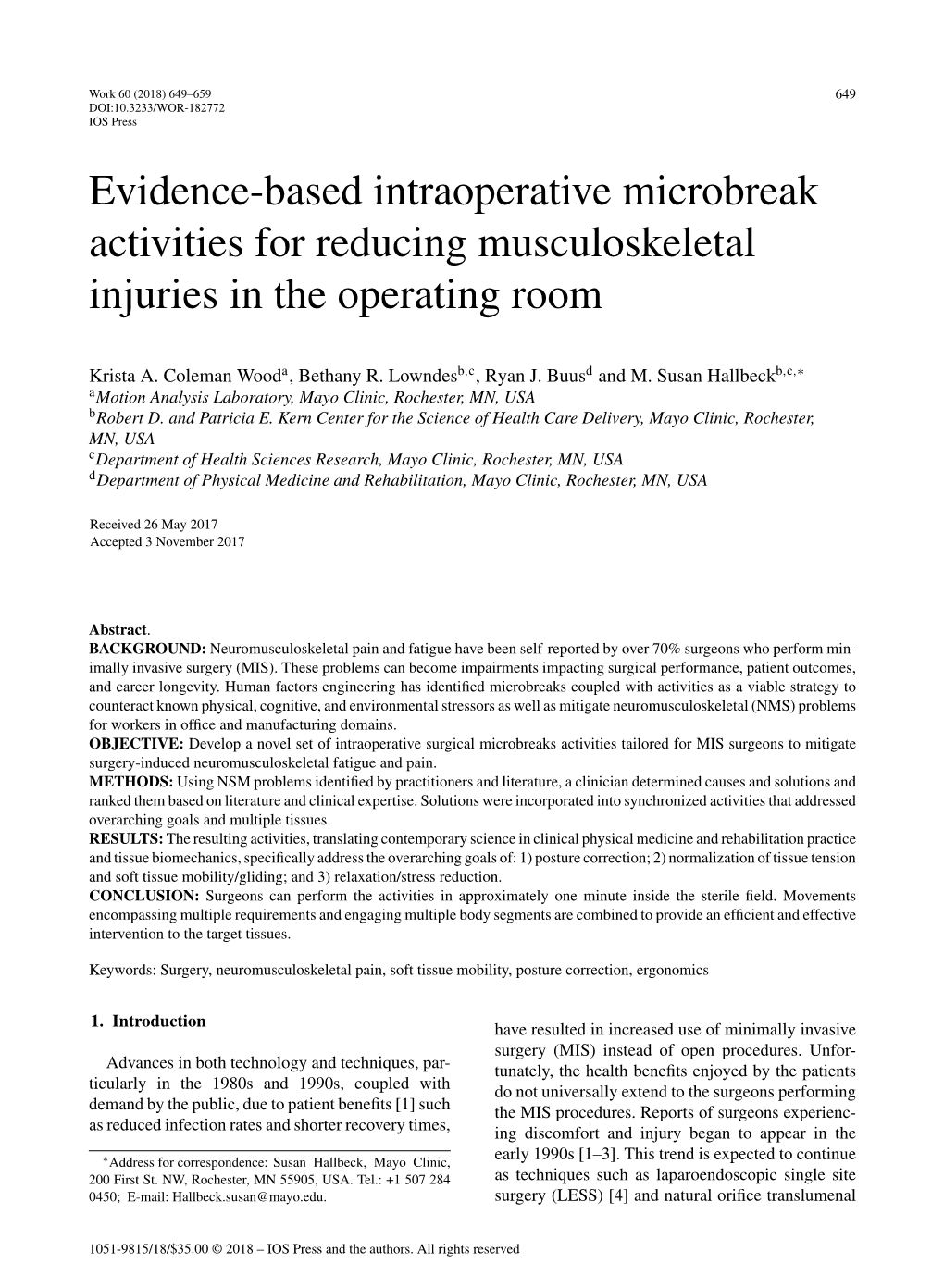 Evidence-Based Intraoperative Microbreak Activities for Reducing Musculoskeletal Injuries in the Operating Room