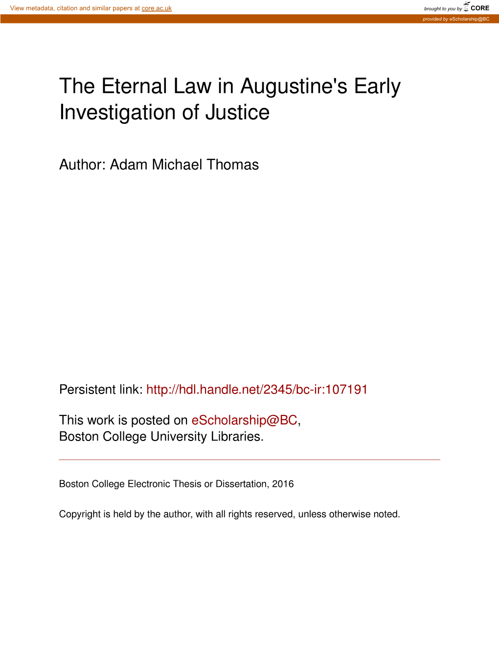 The Eternal Law in Augustine's Early Investigation of Justice