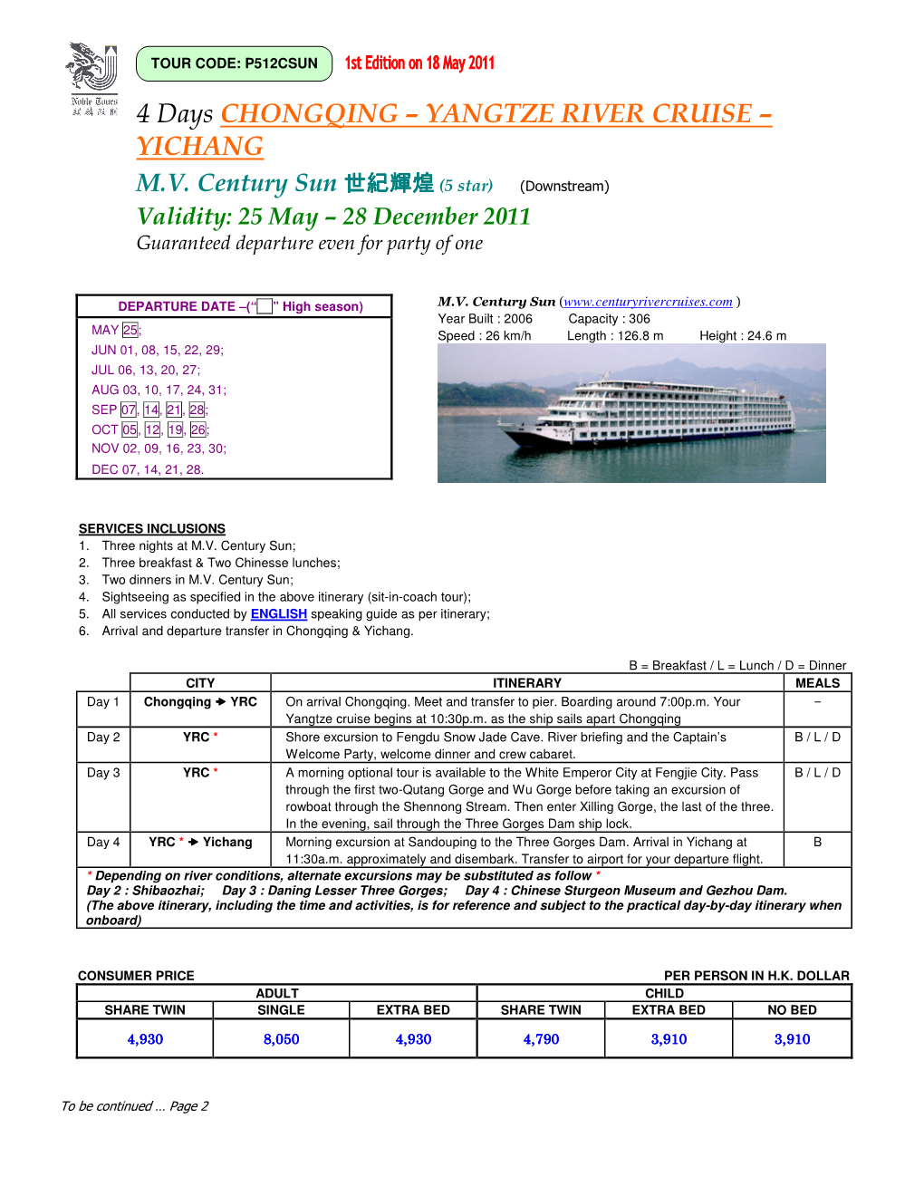 4 Days CHONGQING – YANGTZE RIVER CRUISE – YICHANG M.V