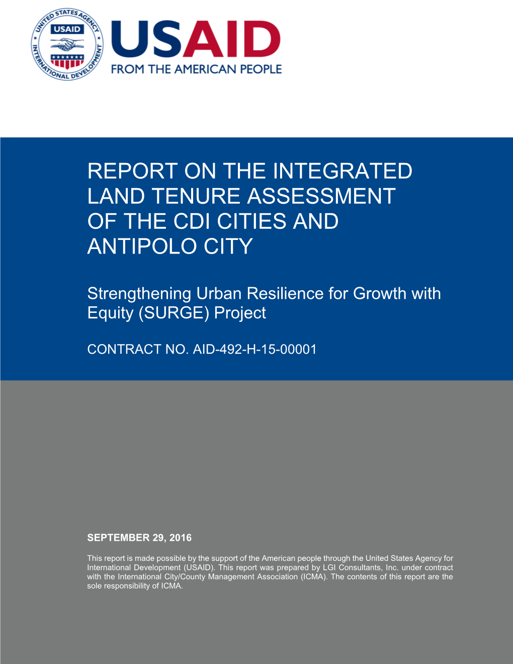 Report on the Integrated Land Tenure Assessment of the Cdi Cities and Antipolo City