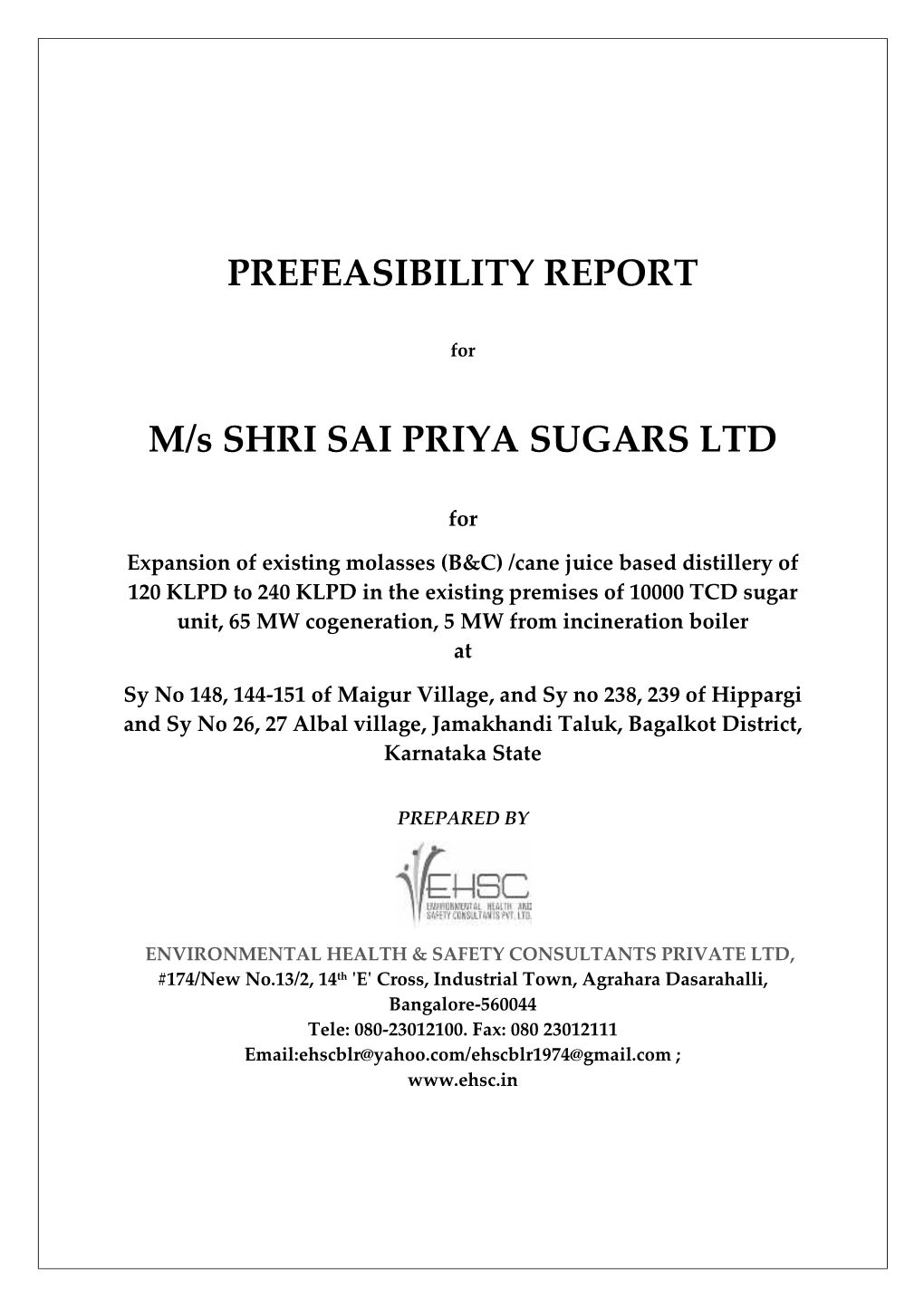 PREFEASIBILITY REPORT M/S SHRI SAI PRIYA SUGARS