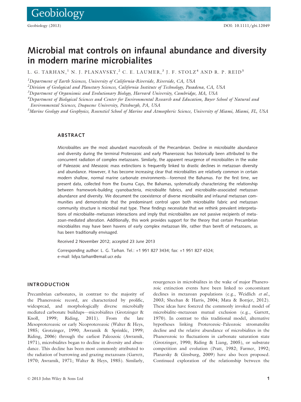 Microbial Mat Controls on Infaunal Abundance and Diversity in Modern Marine Microbialites L