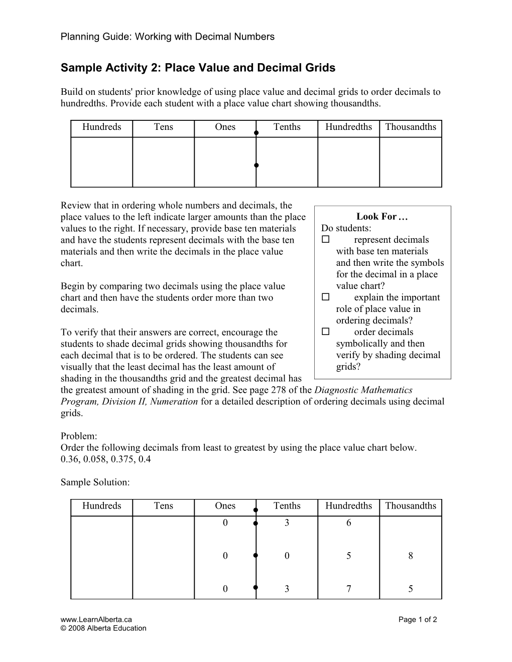 Sample Activity 2: Place Value and Decimal Grids