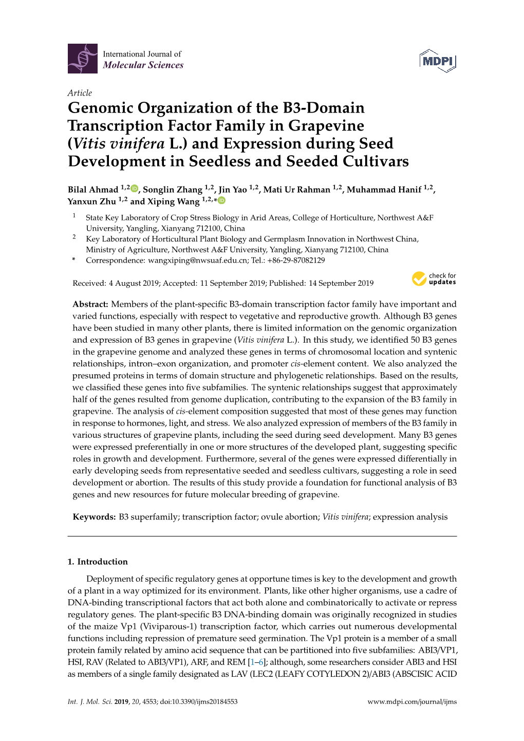 Genomic Organization of the B3-Domain Transcription Factor Family in Grapevine