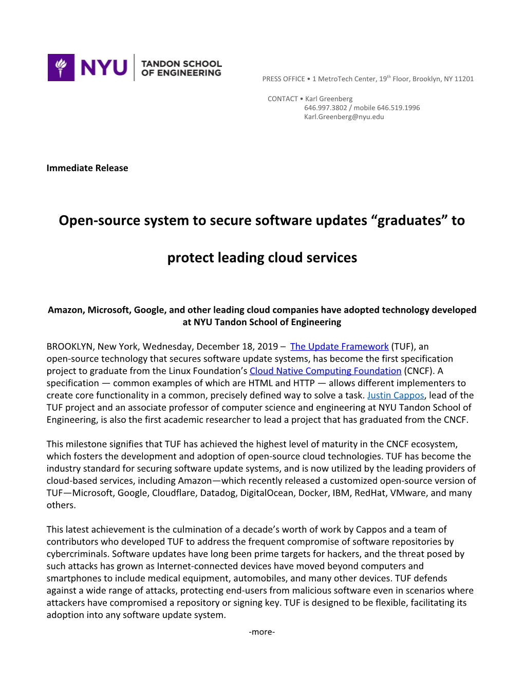 Open-Source System to Secure Software Updates “Graduates” To