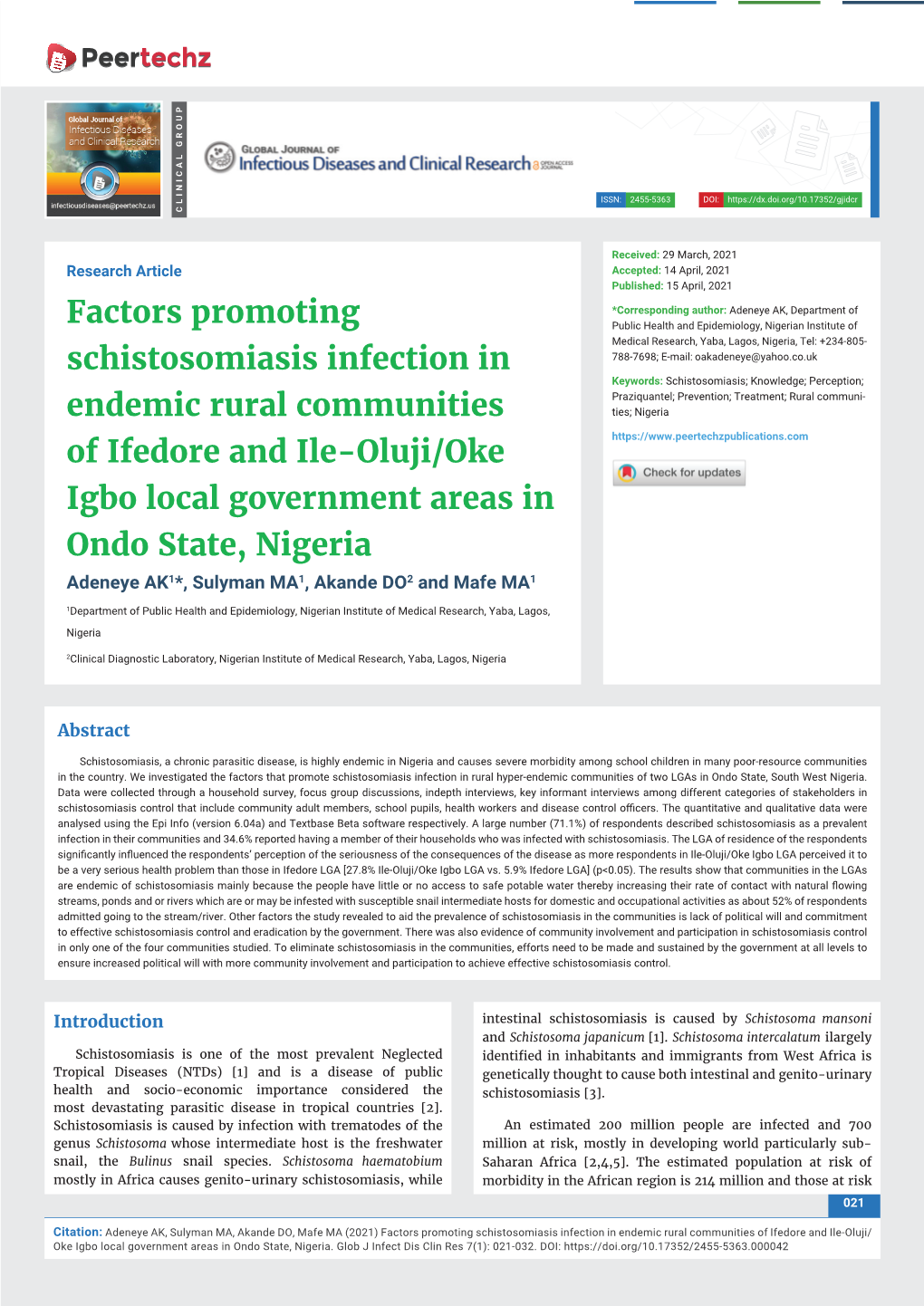 Factors Promoting Schistosomiasis Infection in Endemic Rural Communities of Ifedore and Ile-Oluji/ Oke Igbo Local Government Areas in Ondo State, Nigeria