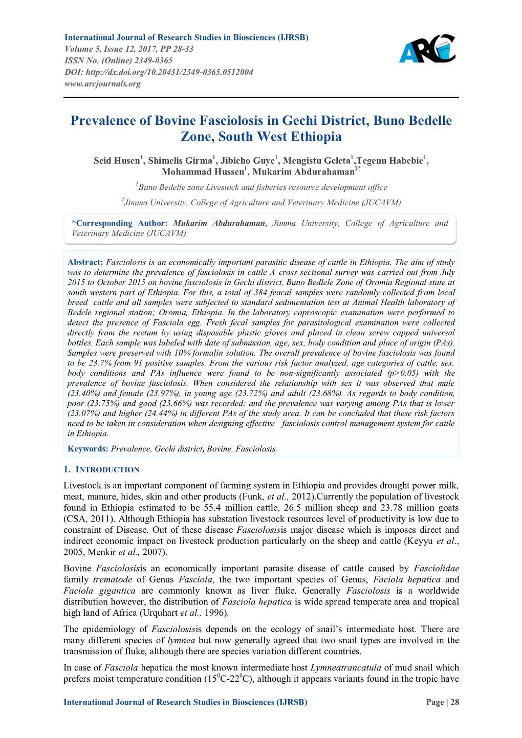 Prevalence of Bovine Fasciolosis in Gechi District, Buno Bedelle Zone, South West Ethiopia