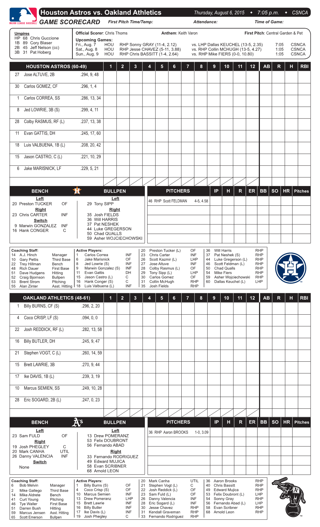 Houston Astros Vs. Oakland Athletics Thursday, August 6, 2015 W 7:05 P.M