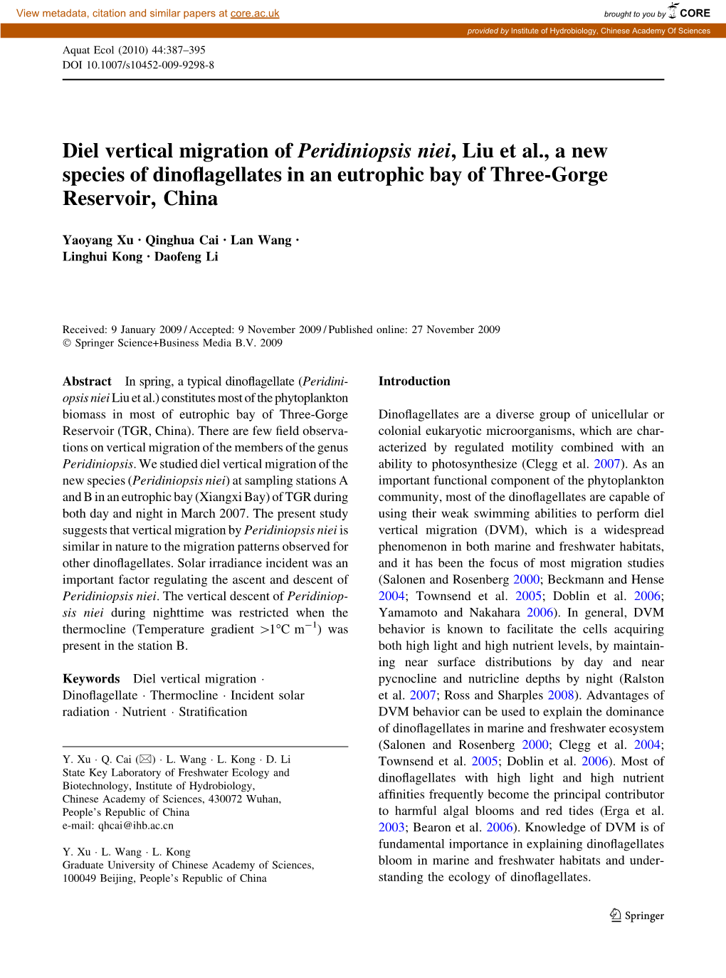 Diel Vertical Migration of Peridiniopsis Niei, Liu Et Al., a New Species of Dinoflagellates in an Eutrophic Bay of Three-Gorge R