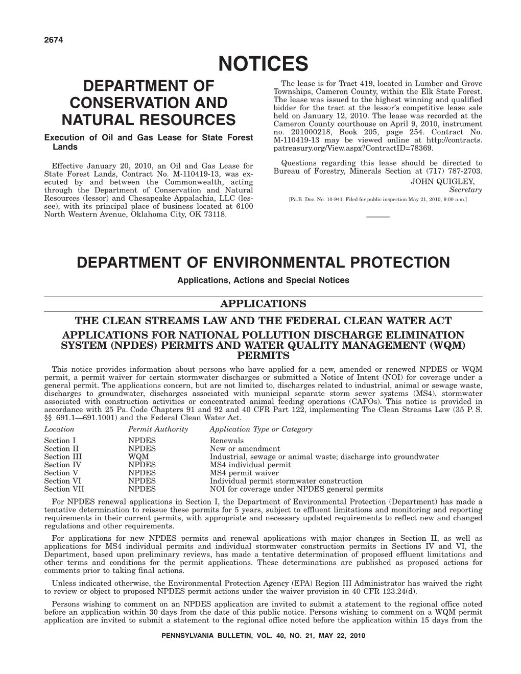 DEPARTMENT of ENVIRONMENTAL PROTECTION Applications, Actions and Special Notices