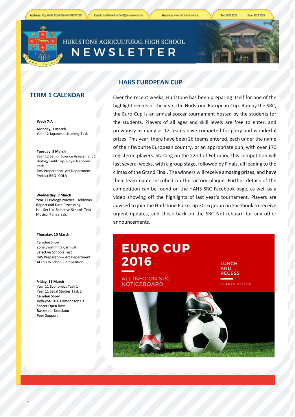 Hahs European Cup Term 1 Calendar