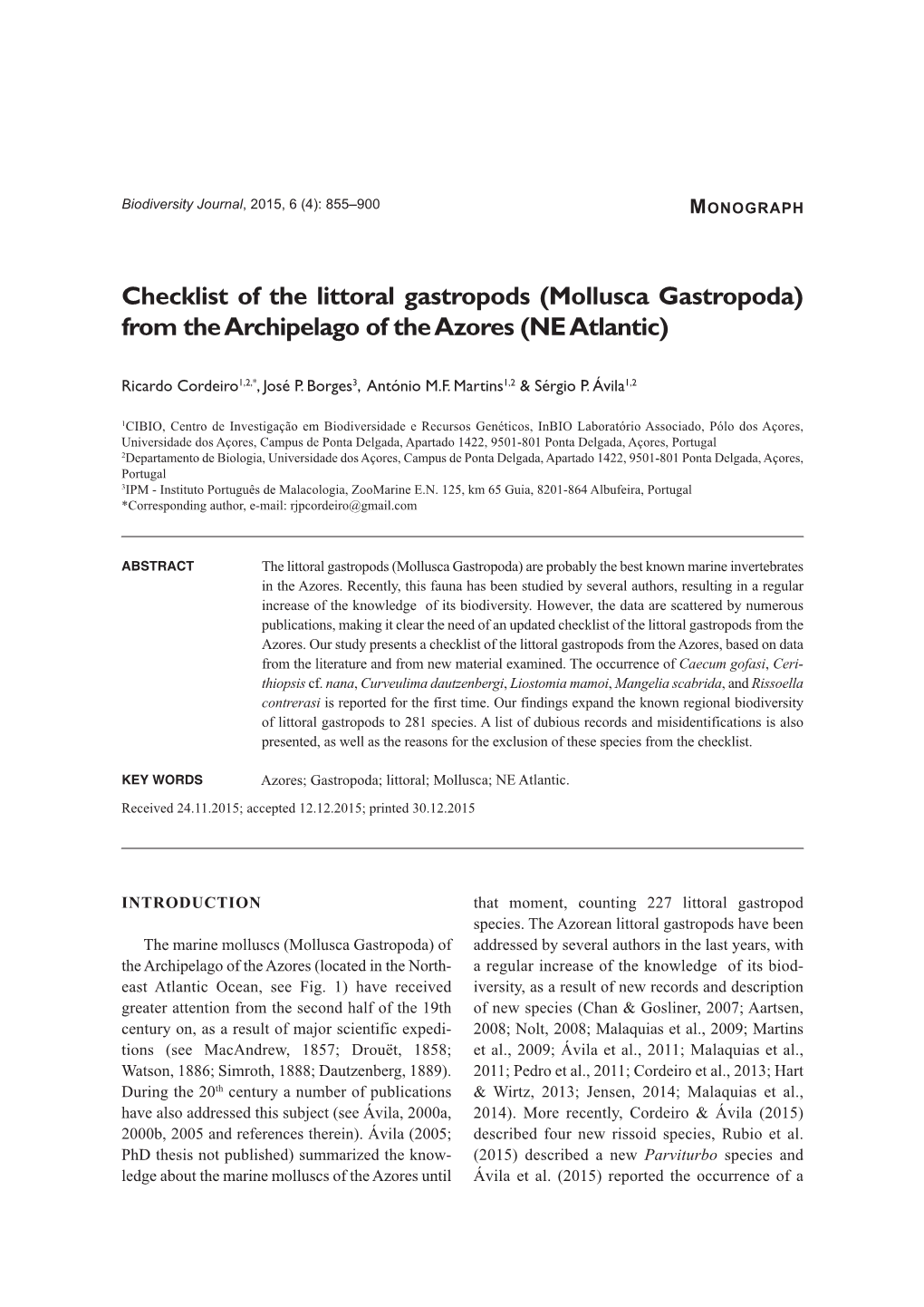 Checklist of the Littoral Gastropods (Mollusca Gastropoda) from the Archipelago of the Azores (NE Atlantic)