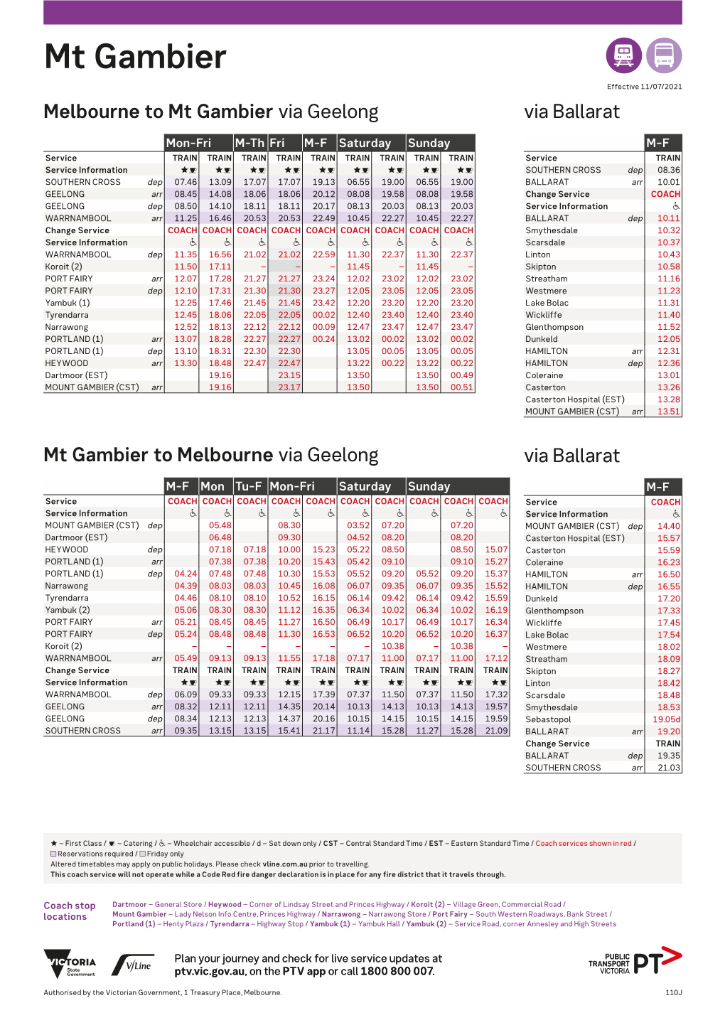 Mt Gambier AD Effective 11/07/2021 Melbourne to Mt Gambier Via Geelong Via Ballarat