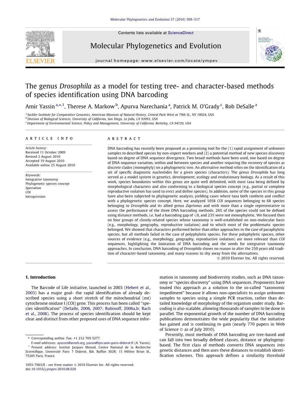 The Genus Drosophila As a Model for Testing Tree- and Character-Based Methods of Species Identiﬁcation Using DNA Barcoding