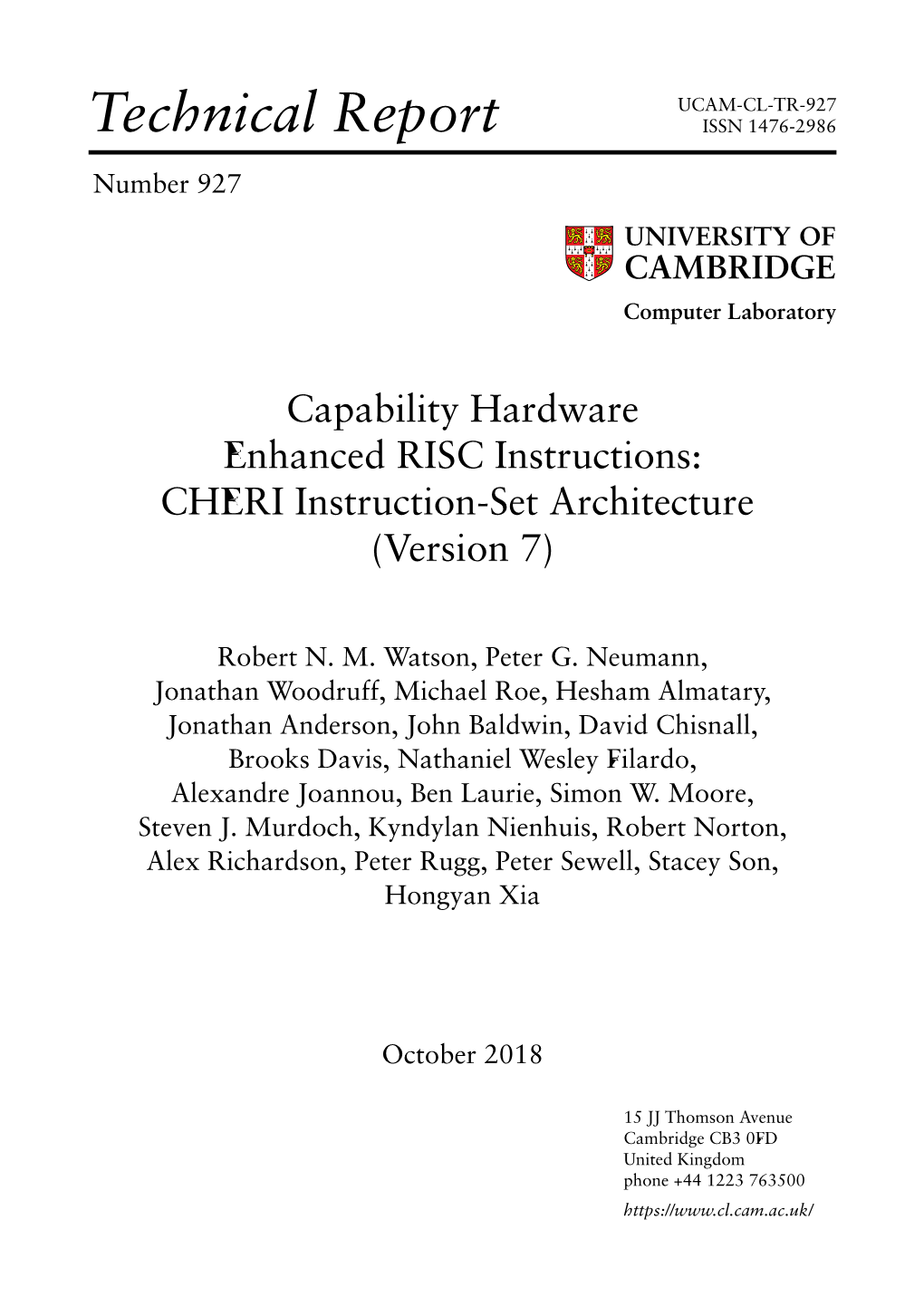Capability Hardware Enhanced RISC Instructions: CHERI Instruction-Set Architecture (Version 7)