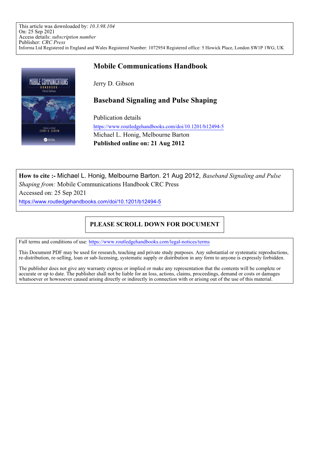 Mobile Communications Handbook Baseband Signaling and Pulse Shaping