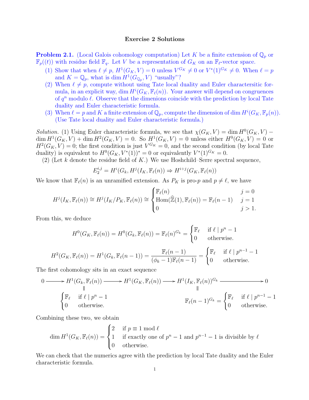 Exercise 2 Solutions Problem 2.1. (Local Galois Cohomology