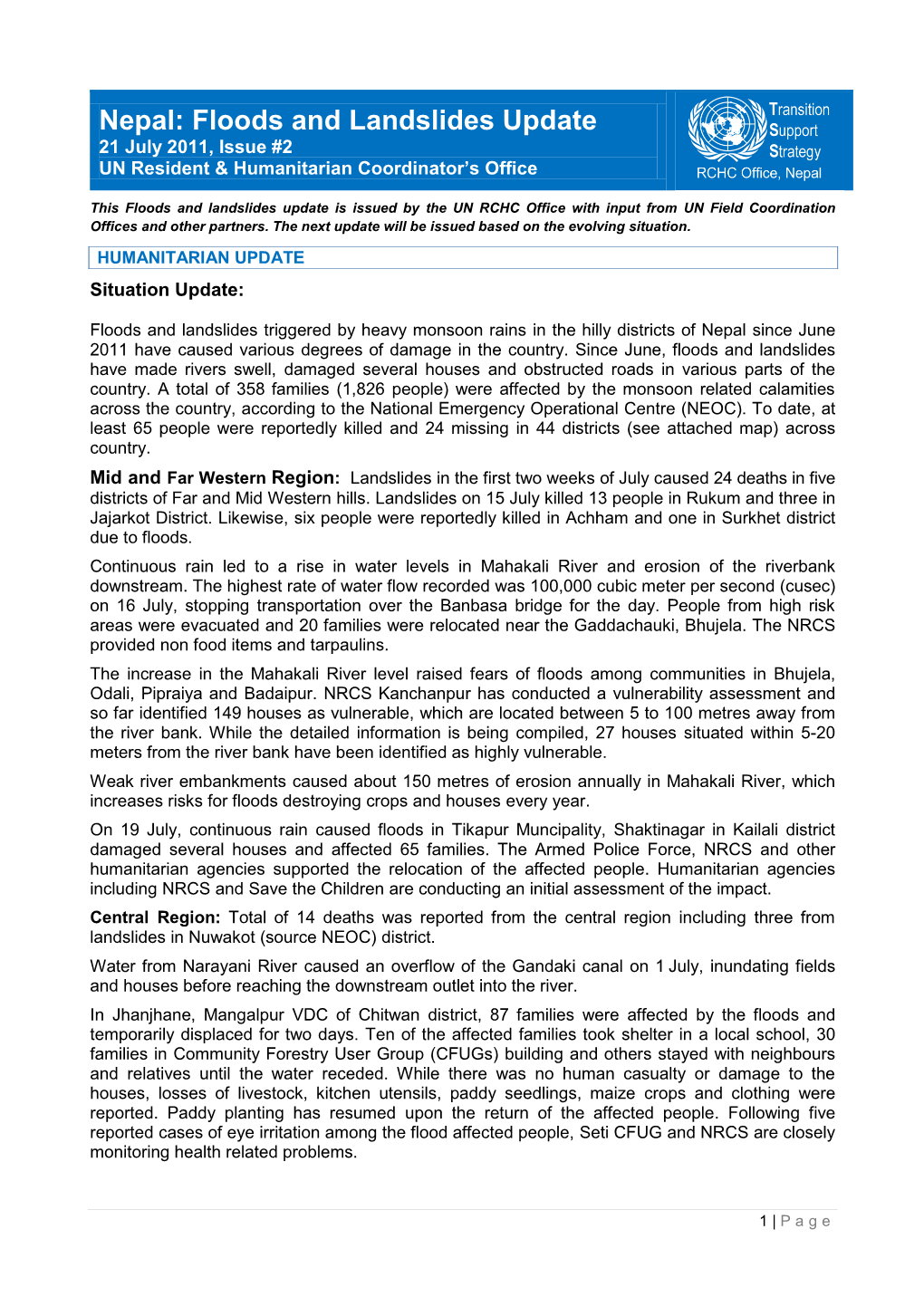 Nepal: Floods and Landslides Update 21 July 2011, Issue #2 UN Resident & Humanitarian Coordinator’S Office