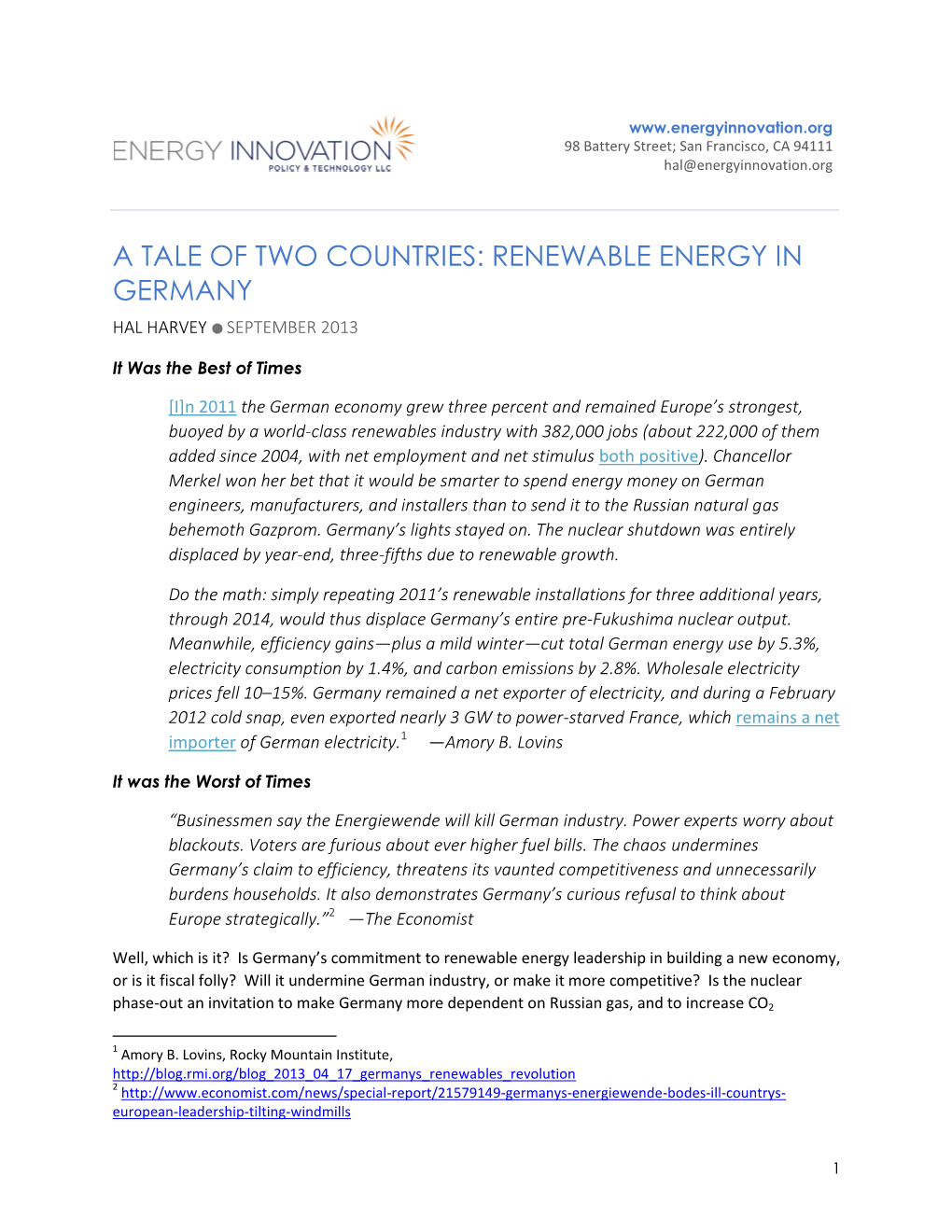 A Tale of Two Countries: Renewable Energy in Germany