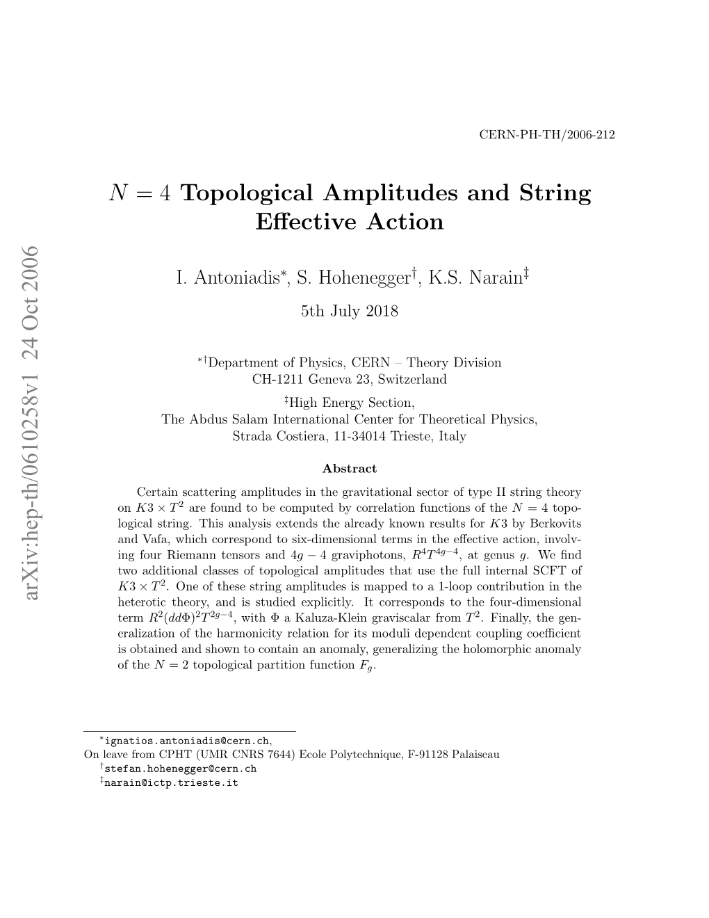 N= 4 Topological Amplitudes and String Effective Action