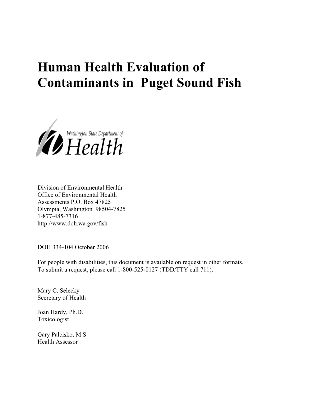 Human Health Evaluation of Contaminants in Puget Sound Fish, 2006 Report