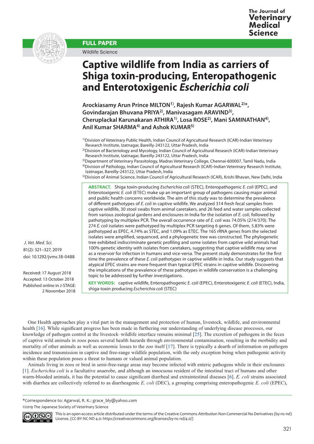 Captive Wildlife from India As Carriers of Shiga Toxin-Producing, Enteropathogenic and Enterotoxigenic Escherichia Coli