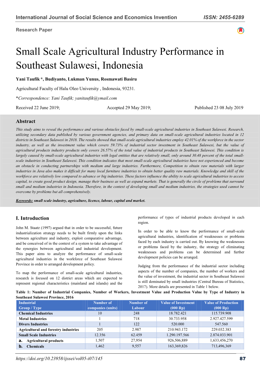 Small Scale Agricultural Industry Performance in Southeast Sulawesi, Indonesia