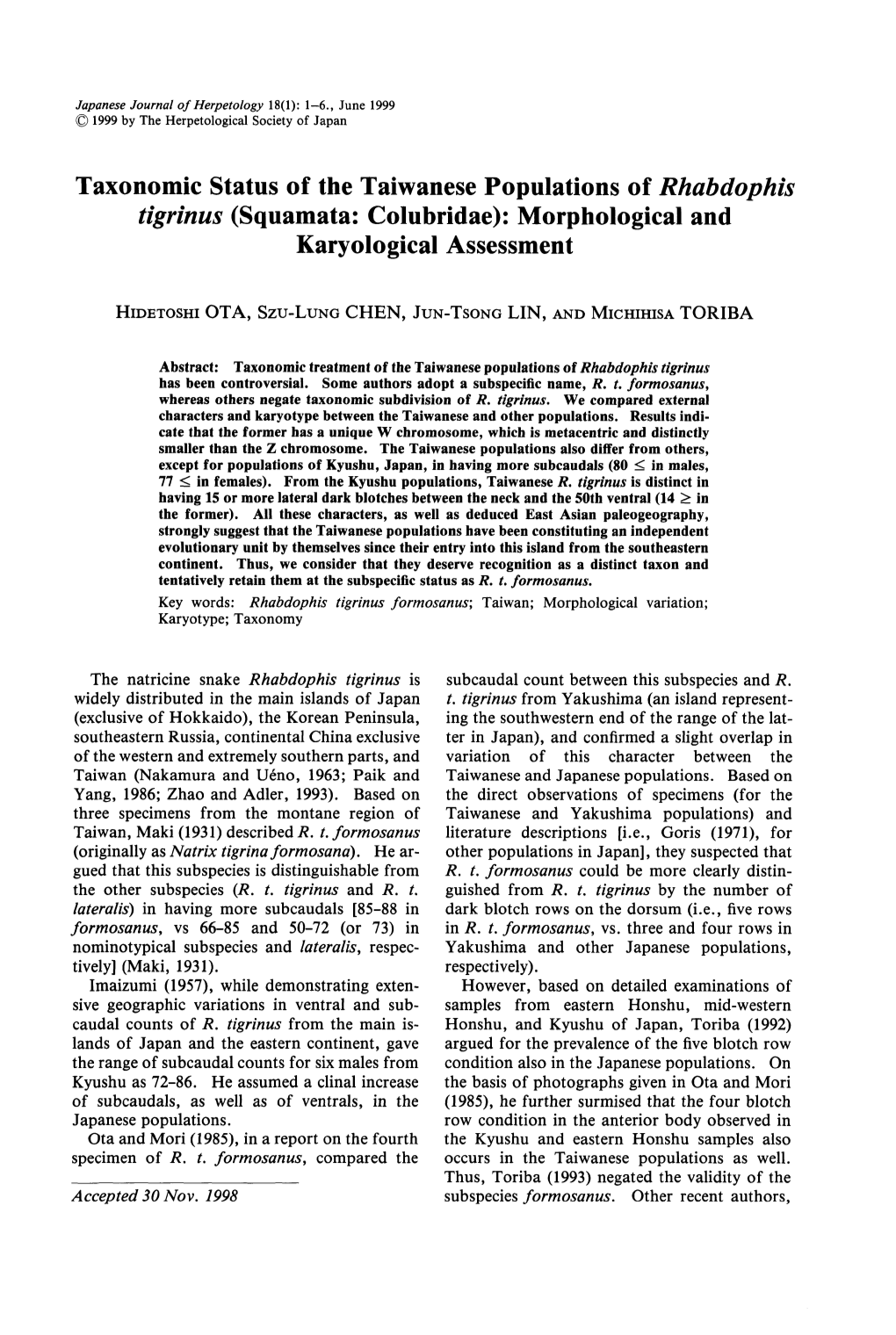 Taxonomic Status of the Taiwanese Populations of Rhabdophis Tigrinus (Squamata: Colubridae): Morphological and Karyological Assessment