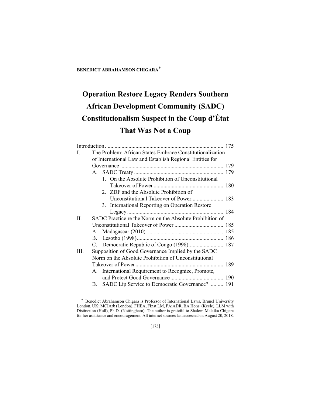 Operation Restore Legacy Renders Southern African Development Community (SADC) Constitutionalism Suspect in the Coup D'état T