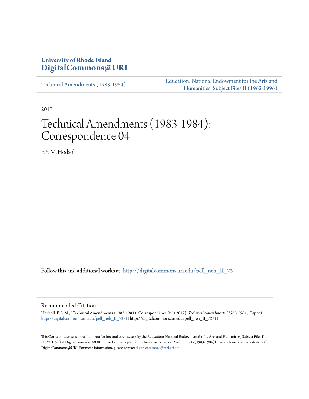 Technical Amendments (1983-1984) Humanities, Subject Files II (1962-1996)