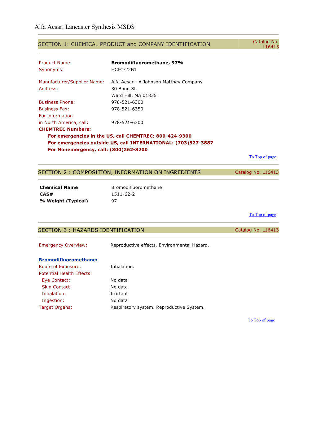 Alfa Aesar, Lancaster Synthesis MSDS