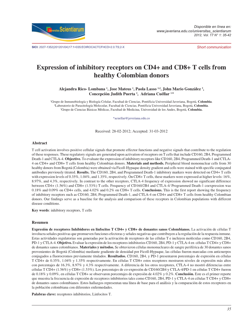 Expression of Inhibitory Receptors on CD4+ and CD8+ T Cells from Healthy Colombian Donors