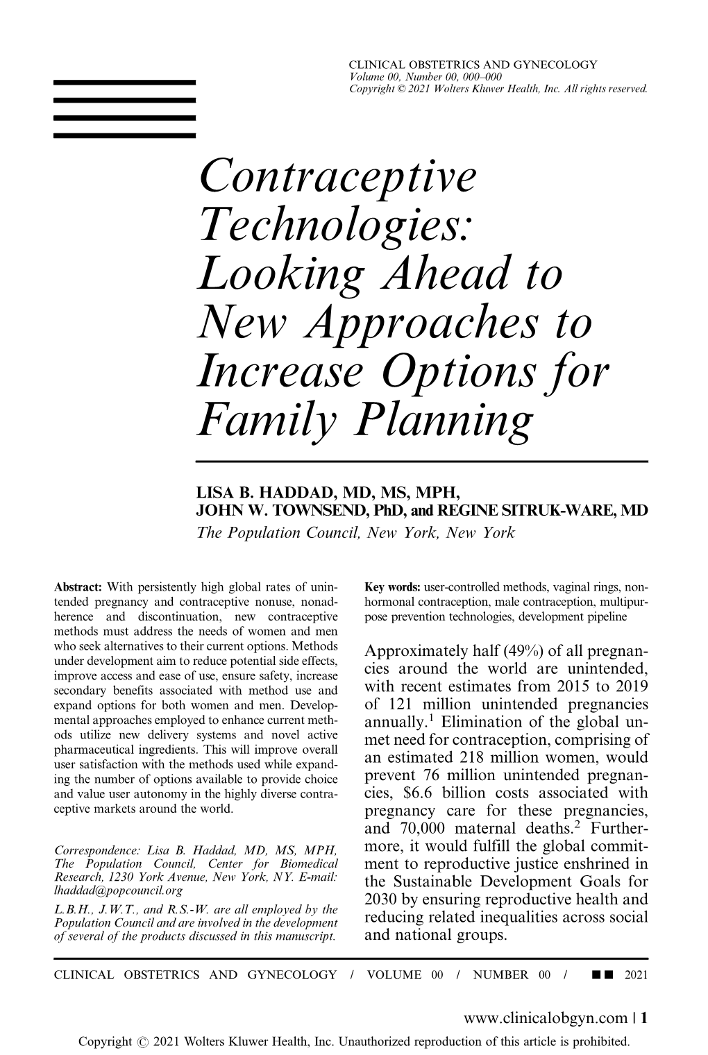 Contraceptive Technologies: Looking Ahead to New Approaches to Increase Options for Family Planning