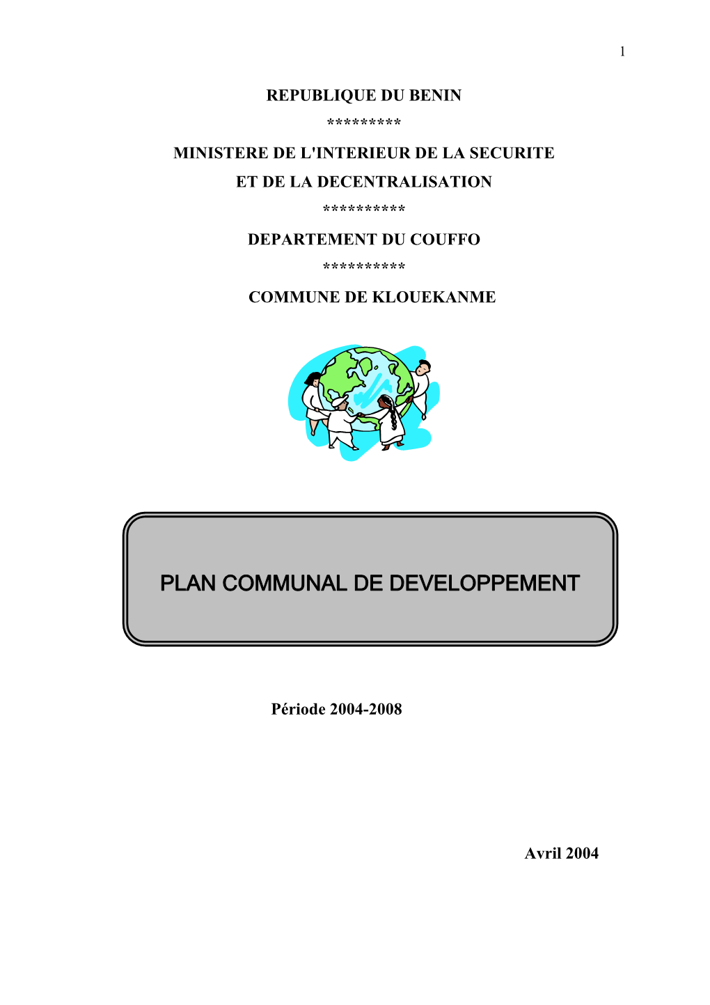 Plan Communal De Développement De La Commune De Klouékanmè