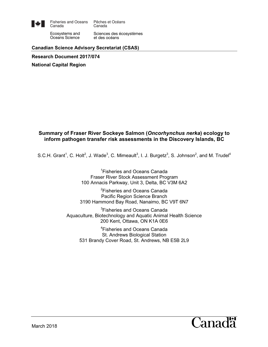 Summary of Fraser River Sockeye Salmon (Oncorhynchus Nerka) Ecology to Inform Pathogen Transfer Risk Assessments in the Discovery Islands, BC