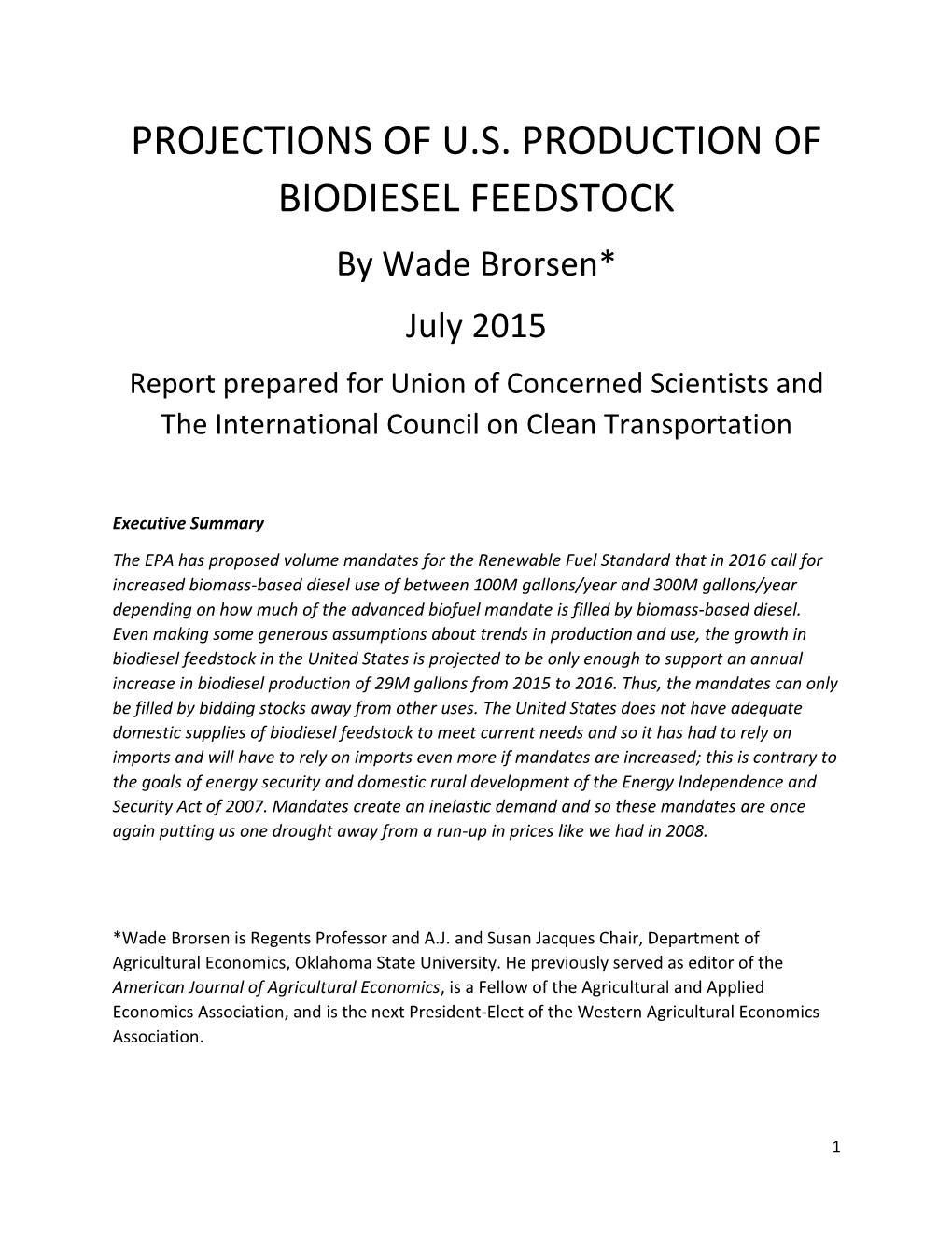 Projections of U.S. Production of Biodiesel