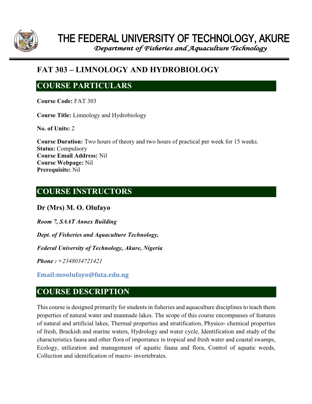 Fat 303 – Limnology and Hydrobiology Course Particulars
