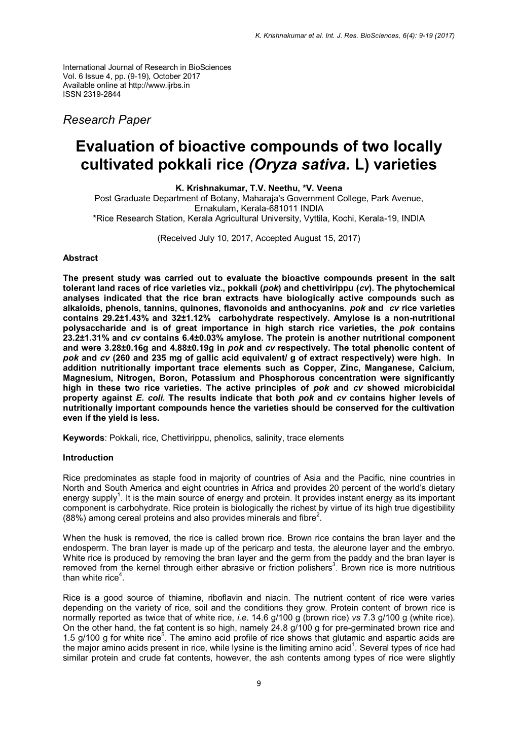 Evaluation of Bioactive Compounds of Two Locally Cultivated Pokkali Rice (Oryza Sativa