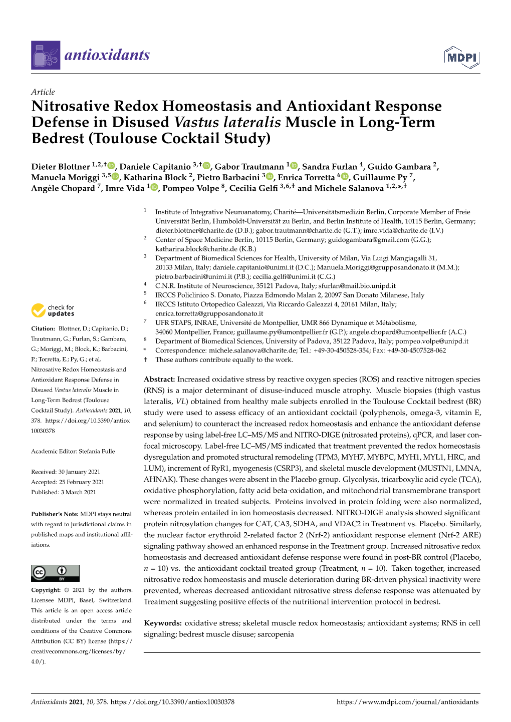 Nitrosative Redox Homeostasis and Antioxidant Response Defense in Disused Vastus Lateralis Muscle in Long-Term Bedrest (Toulouse Cocktail Study)