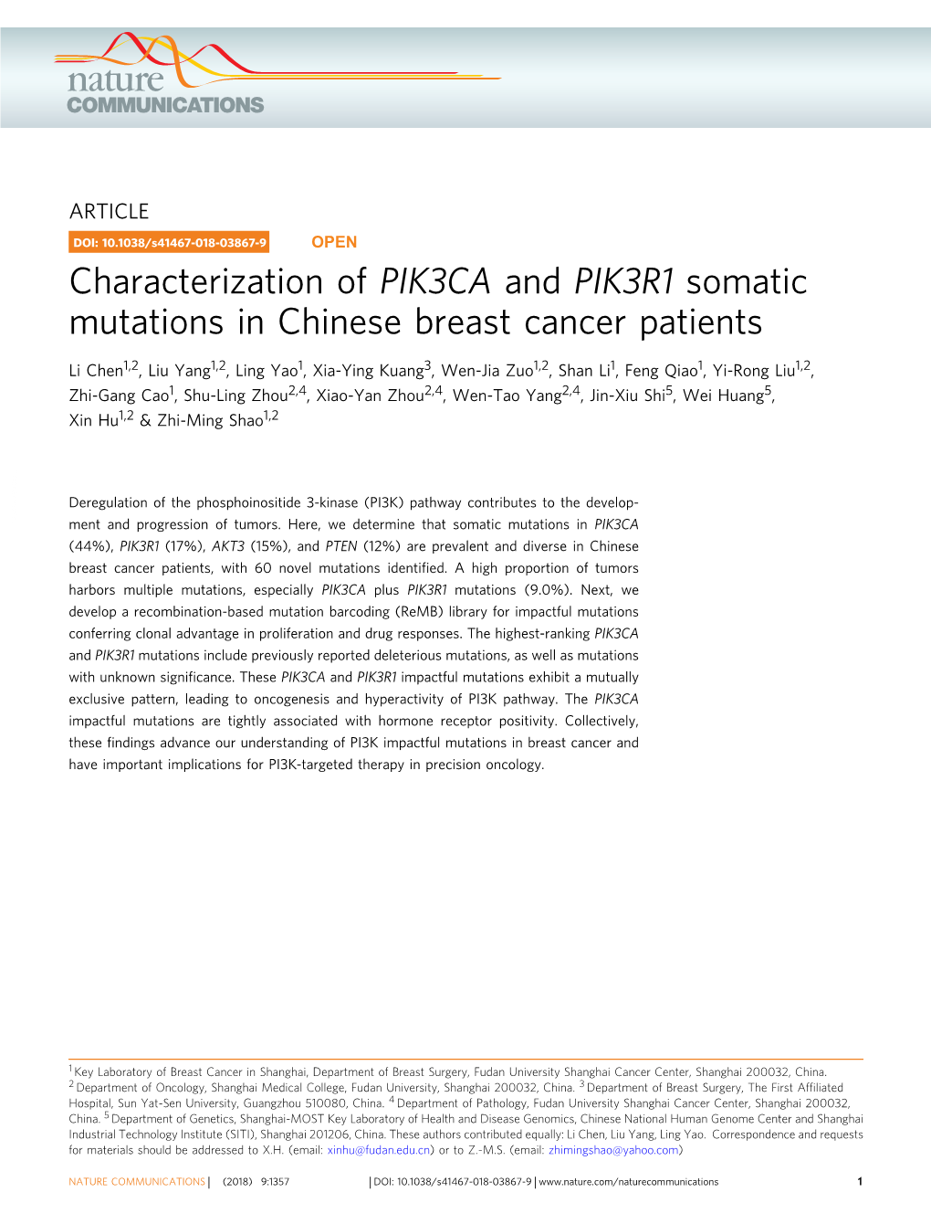 Characterization of PIK3CA and PIK3R1 Somatic Mutations in Chinese Breast Cancer Patients