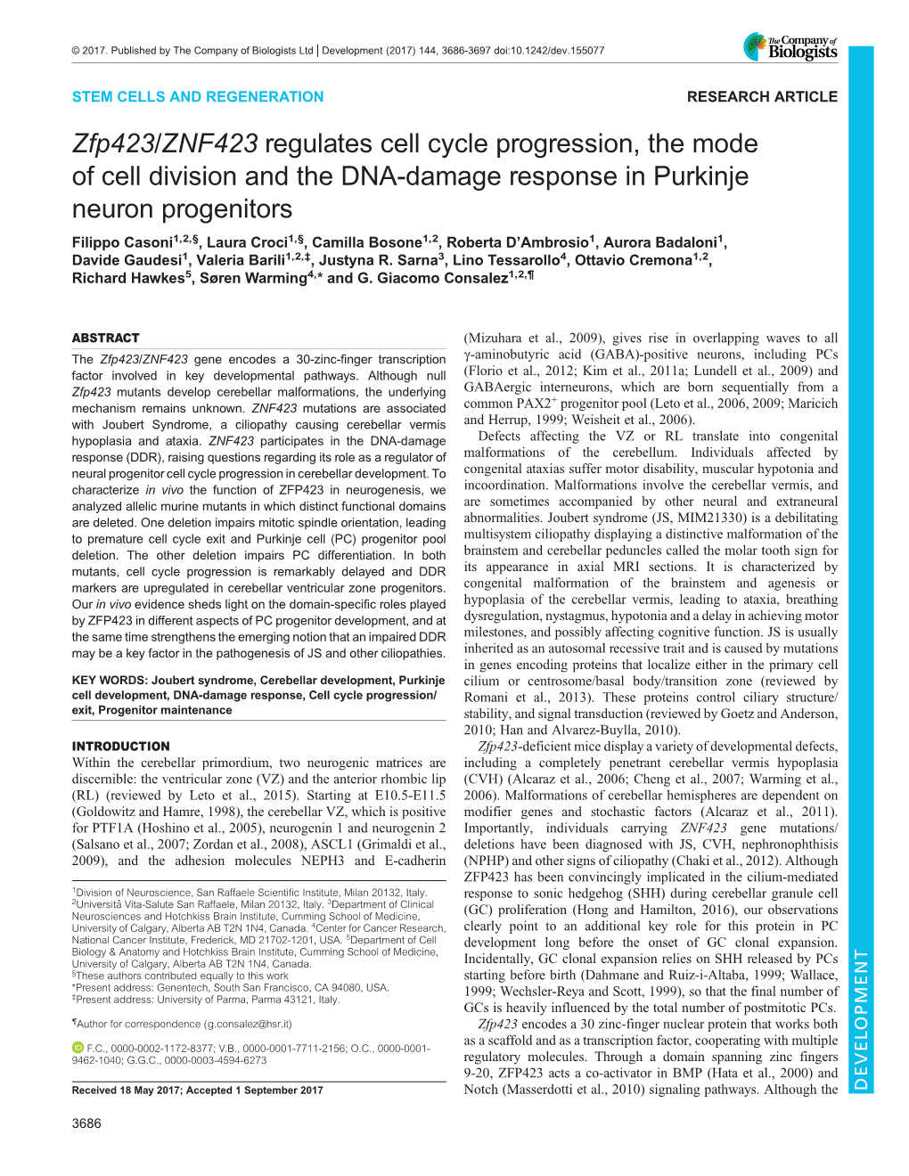 Zfp423/ZNF423 Regulates Cell Cycle Progression, the Mode of Cell Division and the DNA-Damage Response in Purkinje Neuron Progeni