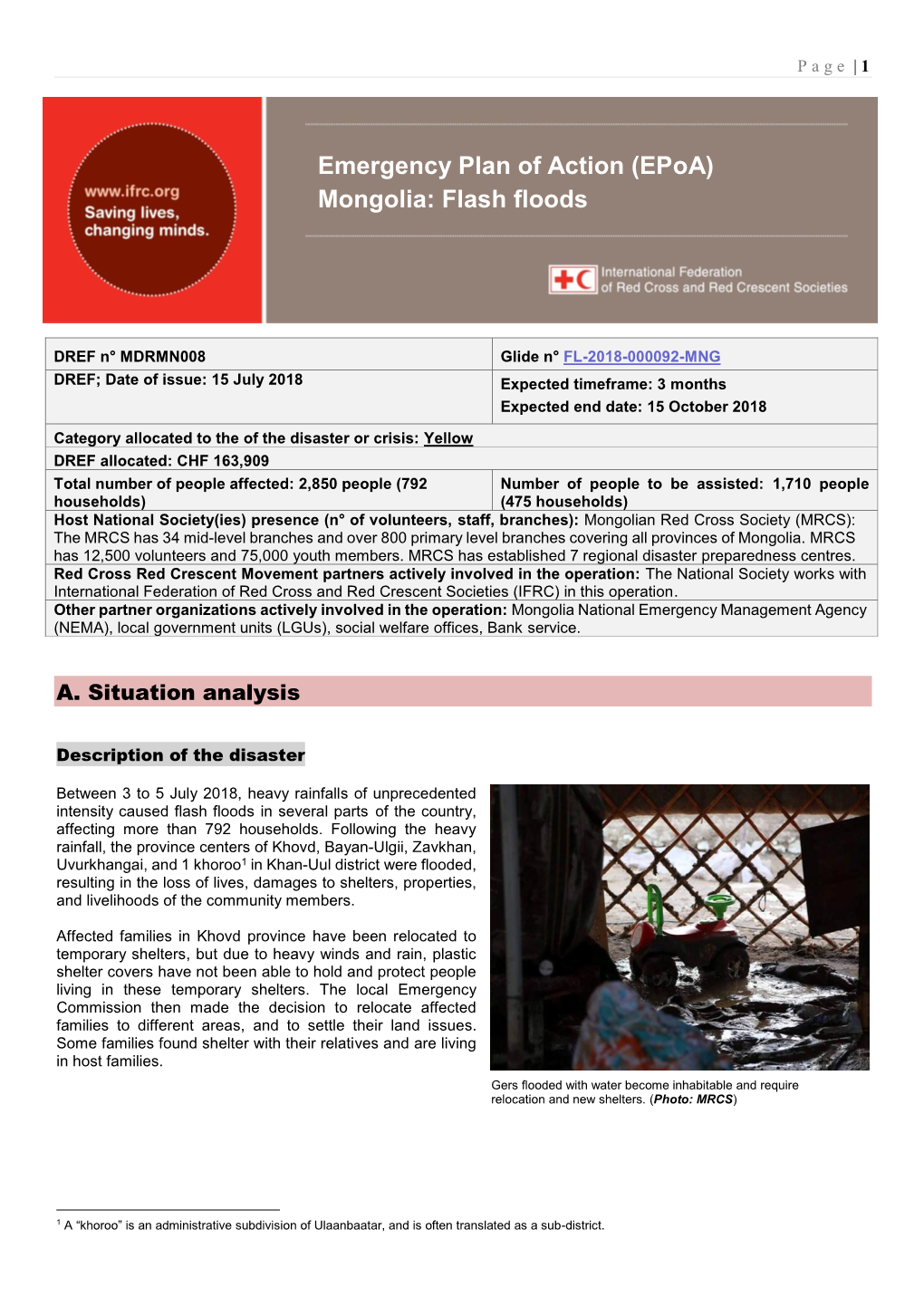 Emergency Plan of Action (Epoa) Mongolia: Flash Flooding