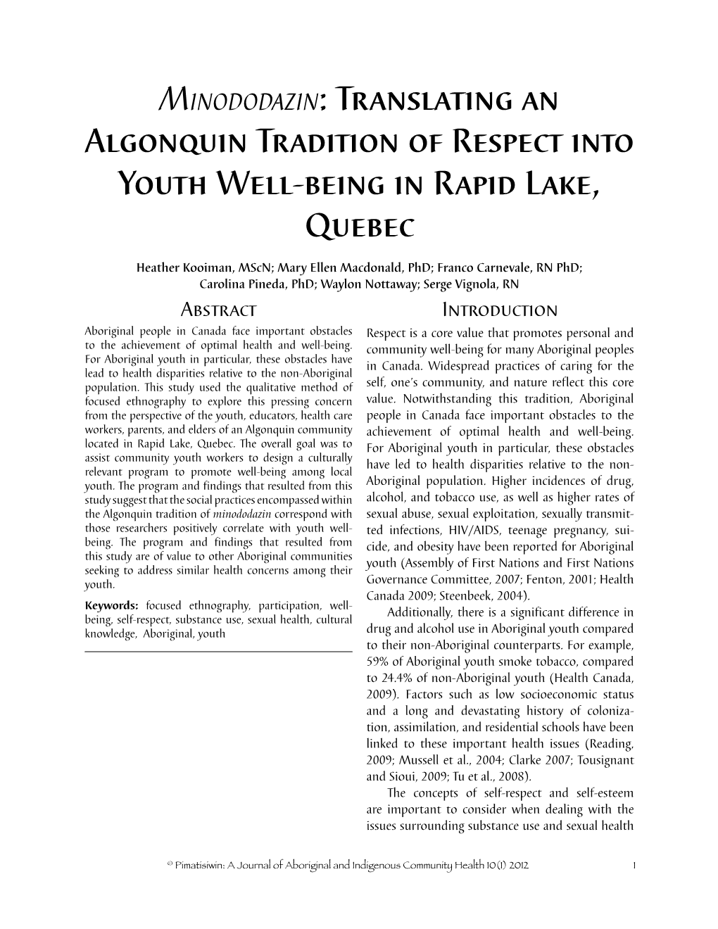 Translating an Algonquin Tradition of Respect Into Youth Well-Being in Rapid Lake, Quebec