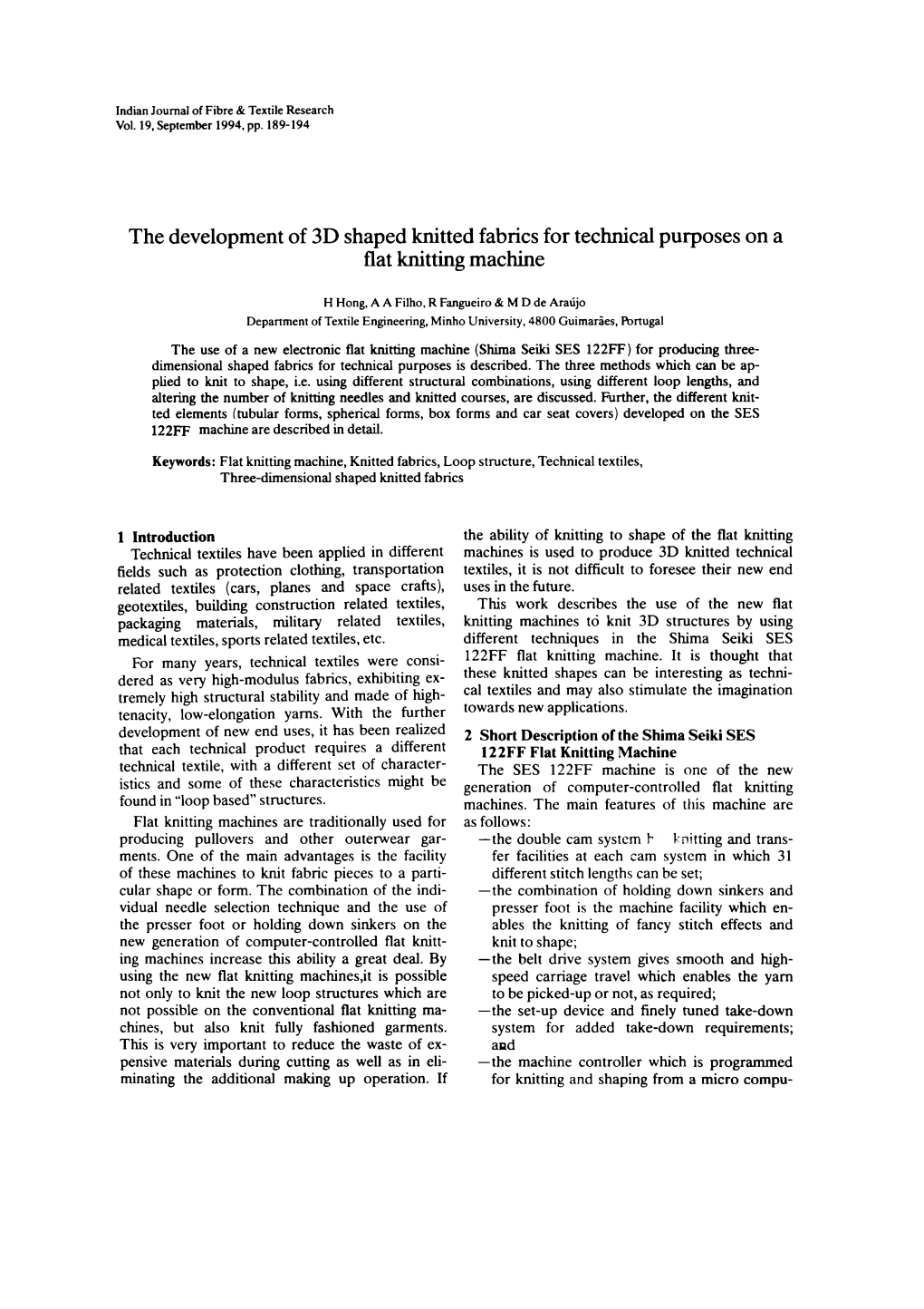 The Development of 3D Shaped Knitted Fabrics for Technical Purposes on a Flat Knitting Machine