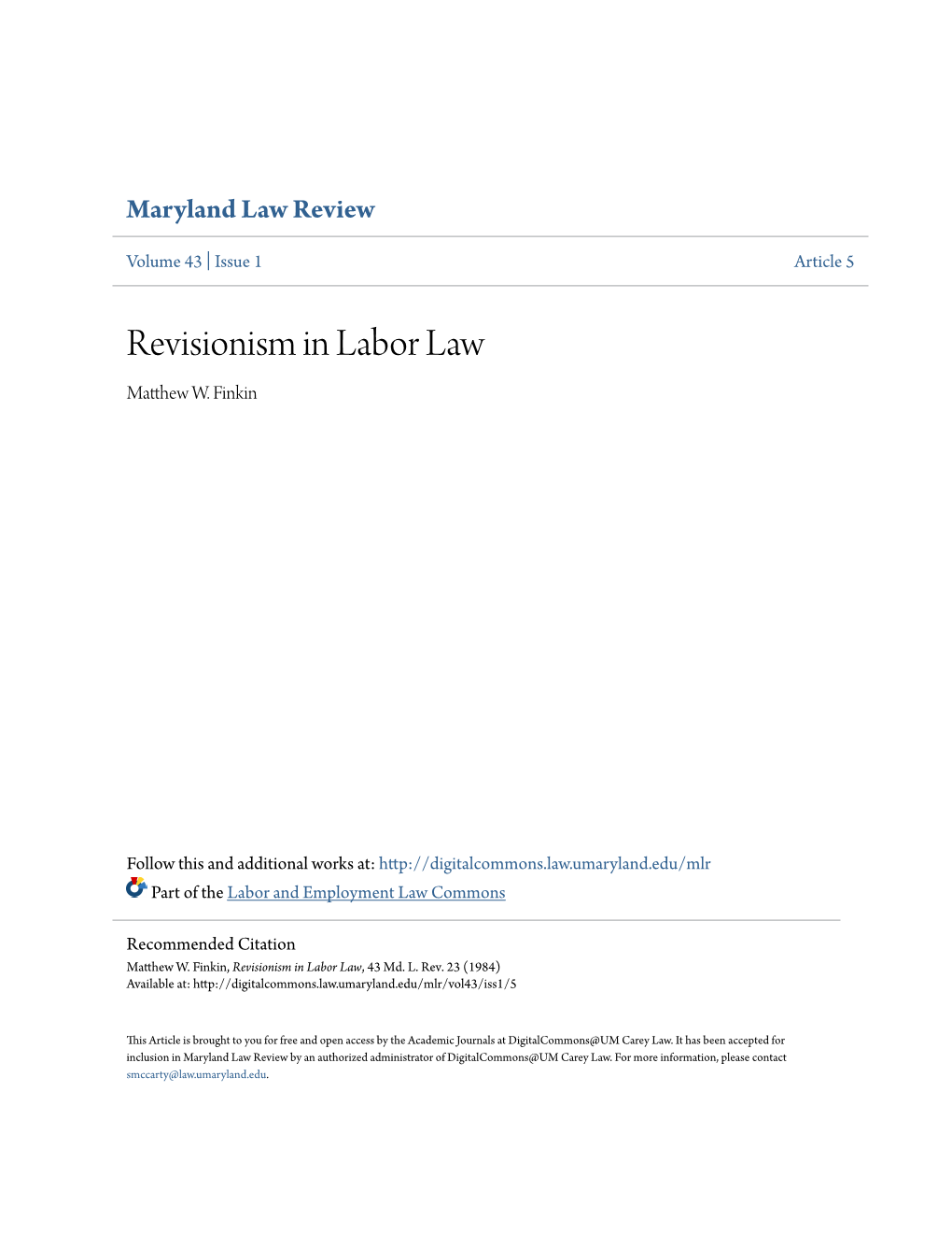 Revisionism in Labor Law Matthew .W Finkin