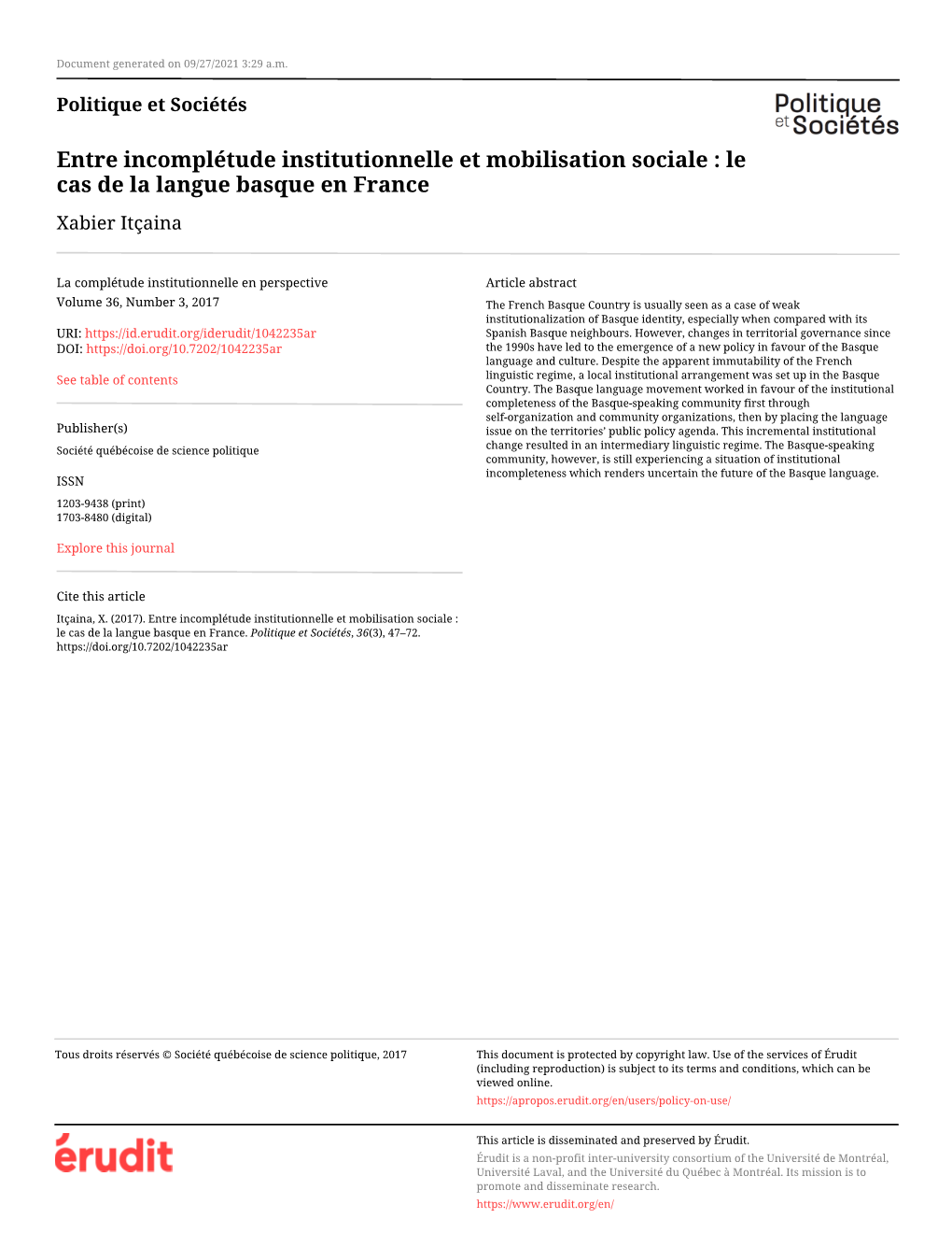 Entre Incomplétude Institutionnelle Et Mobilisation Sociale : Le Cas De La Langue Basque En France Xabier Itçaina