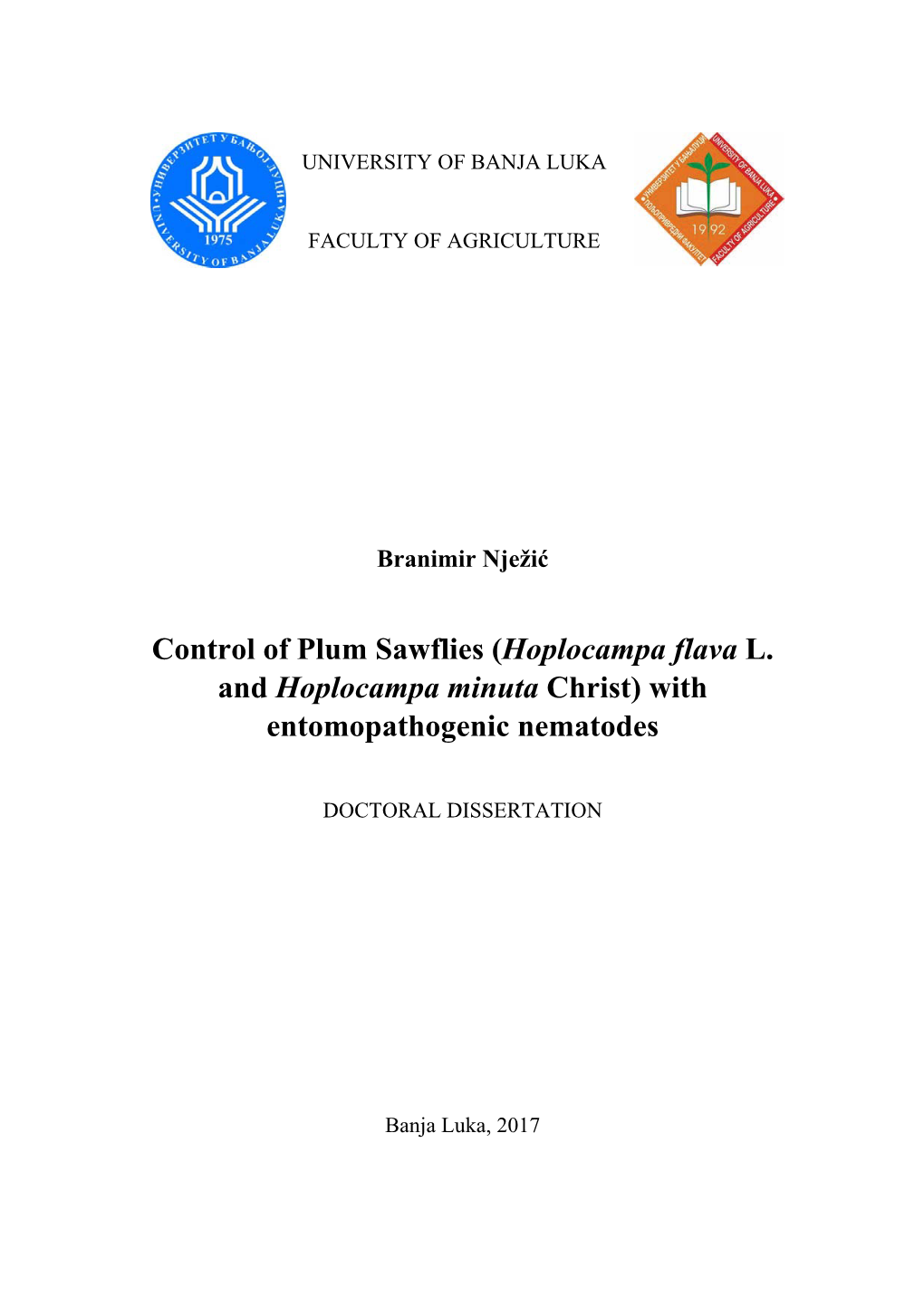 Control of Plum Sawflies (Hoplocampa Flava L